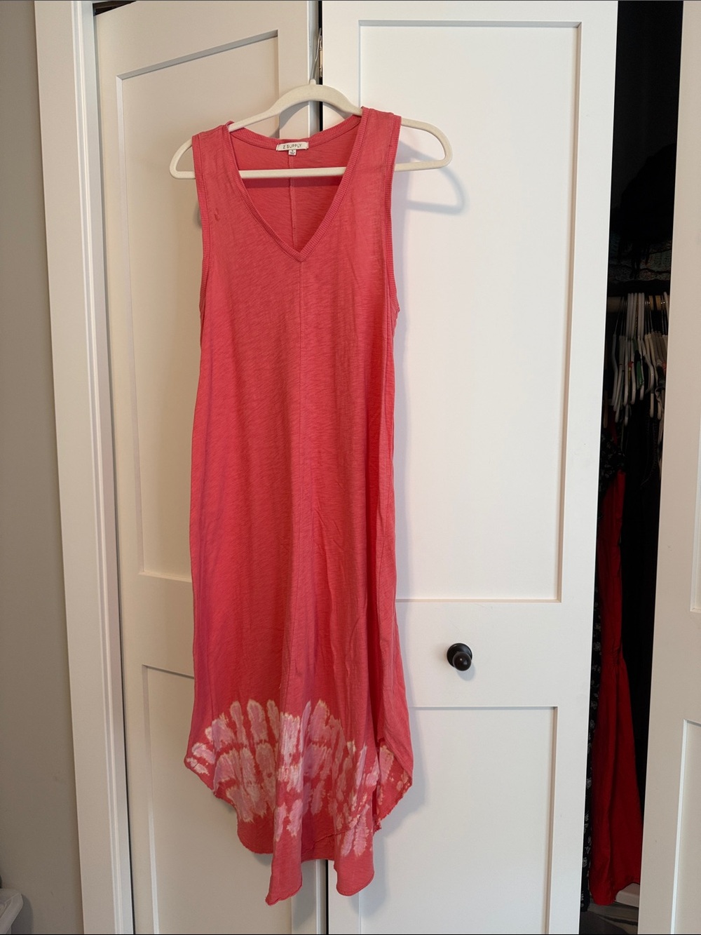 Z Supply Coral Sleeveless V-Neck Maxi Dress with White Tie-Dye Hem